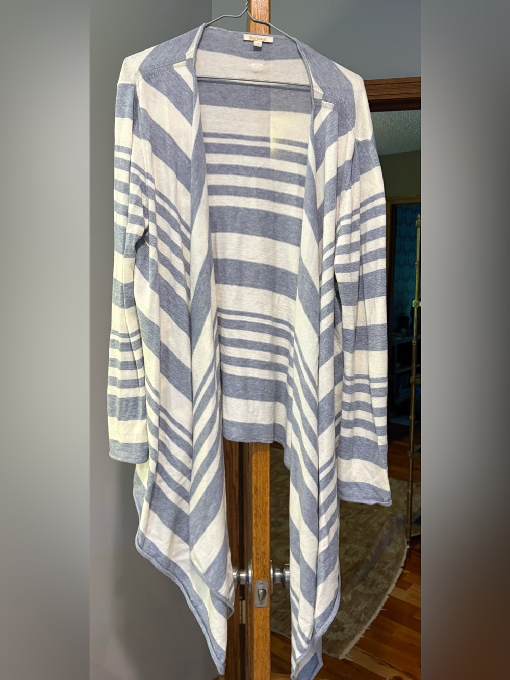 Barbour women’s cardigan. size 16. Blue/gray and cream colorways.